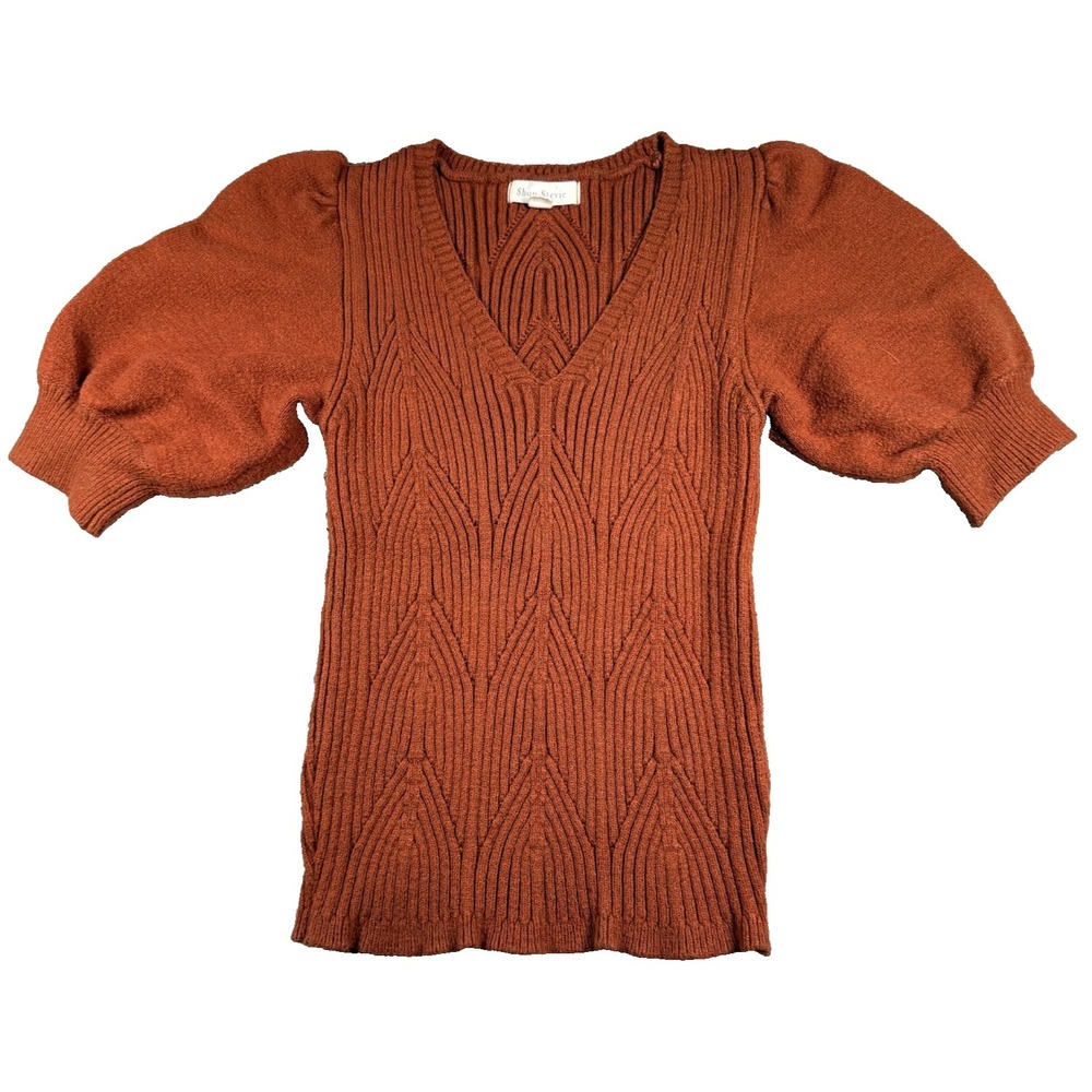 Shop Stevie‎ Rust Puff Sleeve Sweater Womens Small V Neck Knit Fall Boutique Top